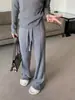 Calça canelada de malha de cintura alta nova para 2026, coleção outono e inverno, perna reta, caimento relaxado, calça casual de perna larga