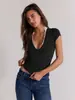 Camiseta de punto acanalado de manga corta ajustada de color liso para mujer, Top interior estilo picante con cuello en V, Camiseta básica para mujer