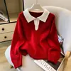 Suéter casual folgado com gola de cor contrastante para mulheres, design simples, vermelho