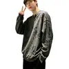 Camiseta de Manga Larga Rota Hueca Personalidad Moda Otoño Calle Alta Hombre Adolescente Estilo Hong Kong Estilo Páramo Camiseta de Manga Larga con Cuello en V