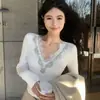 Suéter de Tricô Longo com Strass Estilo Chanel para Mulheres, Novo Outono 2025, Slim Fit, com Renda e Decote V