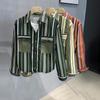 2022 Nova Camisa Americana Estilo Bloco de Cores Listras Verticais Lapela Masculina Estilo Retrô Camisa Listrada Jaqueta Pequena