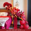 Traje de decoración para habitación de bodas, boda, casa nueva, dormitorio, mesita de noche, rojo, palabra feliz, decoración de racimo de flores, suministros para bodas, traje de ambiente