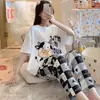 Estilo pijama perezoso verano conjunto mujer adelgazante suelto estudiante versión coreana manga corta cuadros pantalones largos casual conjunto de dos piezas
