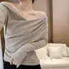 Camiseta de Manga Larga Gruesa y Cálida de Forro Polar para Mujer, Otoño e Invierno, al por Mayor Transfronterizo, Top Irregular Spicy Girl de Nicho sin Hombros