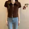 Dulce y Fresco Verano Nuevo Estilo Top Retro Picante de Manga Corta para Mujer con Cremallera de Mariposa, Versátil y Adelgazante