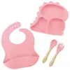 Set de Mesa de Dinosaurio Bebé de Cuatro Piezas de Silicona Venta Directa del Fabricante Babero de Silicona Cubiertos (Cuchara y Tenedor) de Silicona Vajilla
