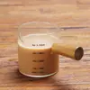 Jarra de Leche Pequeña con Mango de Madera, Jarrita de Leche Pequeña de Vidrio, Plato para Salsa, Jarra de Leche con Mango de Madera, Plato para Condimentos, Taza Medidora 180ml, Jarra de Leche Rayada