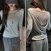 Camiseta Básica de Modal Seleccionada Cuidadosamente para Mujer en Otoño e Invierno con Malla de Alta Gama Blanca Fina de Cuello Redondo y Manga Larga