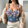 Sujetador strapless de copa fija engrosada para mujer, Camisola anti-exposición con pedrería de mariposa, Sujetador Corsé con ballenas en mezclilla