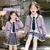 Suéter para Meninas Primavera Outono Inverno Conjunto de Três Peças Estilo College Chique Top para Crianças Médias e Grandes Jaqueta Cardigan de Tricô para Menina