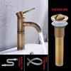 Grifo de Estilo Antiguo Europeo de Cobre Completo Grifo Retro con Junta de Bambú para Lavabo Individual Frío Lavabo Artístico Lavabo de Encimera Grifo de Agua Fría y Caliente