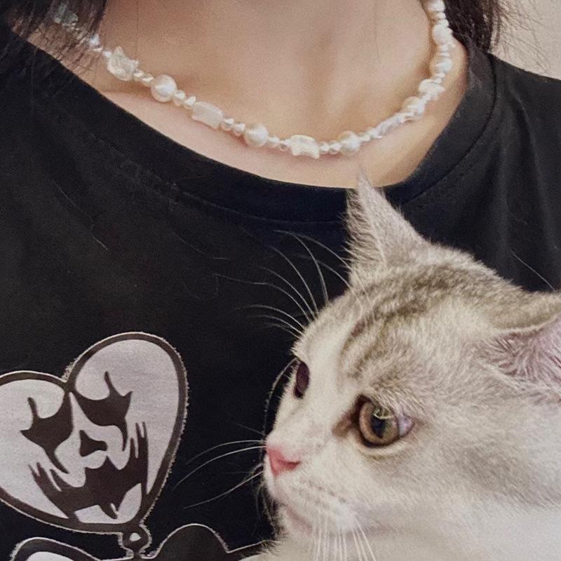 白贝母猫咪天然淡水珍珠项链女小众高级感14k注金明星同款锁骨链
