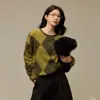 Suéter de Punto Cepillado de Cachemira Meilade para Mujer, Patrón de Diamantes, Cuello Redondo, Estilo de Principios de Otoño, Suéter de Lana Holgado