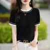 25 Camiseta de Verano para Mujer de Algodón Imitación Mercerizado Lino Cuello Redondo Manga Corta Cuadros Media Manga Fina Bloque de Color Camiseta de Punto