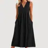 2026 Roupas Femininas Europeias e Americanas de Comércio Exterior Transfronteiriço Amazon Cor Sólida Pulôver Gola V Sem Mangas Algodão Solto Vestido
