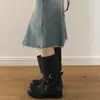 Botas de Salto Grosso Retrô Desgastadas de Cano Médio, Botas de Trabalho Dobráveis de Duas Vias, Mesmo Estilo de Zhang Yuanying, com Fivela de Cinto Botas Empilhadas