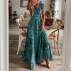Vestido largo con cuello en V y estampado floral de cintura ajustada para mujer, estilo bohemio transfronterizo europeo y americano, 2024