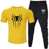 2025 Novo Conjunto Casual Esportivo Masculino de Duas Peças: Camiseta de Manga Curta e Calça, Verão, Gola Redonda, Cor Lisa, Estampado