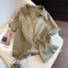 Camisa de Lino Verde con Cuello en V y Manga Corta Estilo Old Money para Mujer, Nuevo Modelo Verano 2026, Adelgazante y Elegante, Versión Coreana Camisa para Ir al Trabajo