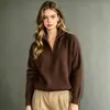 Suéter de Punto Informal Cruzado Europeo y Americano Ruso para Mujer, Media Cremallera, Cuello en V, Manga Larga, Holgado, Versátil, Suéter Pulóver para Mujer