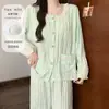 Pijama de Algodão Nuvem para Mulheres, Primavera e Outono, com Bojos, Doce e Fresco, Renda Fina, Manga Longa, Conjunto de Roupa de Casa para Meninas