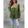 Outono 2026 Novo Moda Feminina Europeia e Americana Transfronteiriça Decote V Renda Veludo Casual Solto Manga Longa Camisa Top