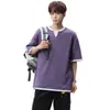 Camiseta Elegante Falsa de Dos Piezas con Cuello en V y Manga Corta para Hombre, Estilo Coreano de Verano, Top Gris Sencillo y Versátil de Cuello Pequeño