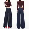 Jeans azul-denim estreito de perna larga para mulheres, forrado com fleece, novo estilo outono/inverno 2026, cintura alta, não desbota, calças retas com bom caimento