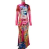 Ropa Europea y Americana de Mujer Transfronteriza Moda Otoño e Invierno 2025 Vestido Versátil de Longitud Media con Estampado de Cuello Alto y Manga Larga de Alta Elasticidad
