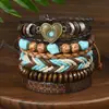 Set de 6 pulseras de cuero PU tejidas con cuentas de madera, vintage y a la moda, estilo bohemio, joyería de aleación con forma de corazón, stock de fábrica