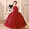 Vestido Infantil Luxo Acessível Lantejoula Vermelha Vestido de Aniversário Princesa para Menina Modelo Passarela Apresentadora Vestido para Performance de Piano para Mulheres