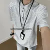 Camiseta de Manga Corta con Parches y Cuello Henry Transfronteriza para Hombre, Estilo Americano, Peso Pesado, Diseño High Street, Top Holgado