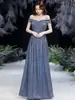 Elegante Vestido Azul de Verano con Hombros Descubiertos y Lentejuelas, Cintura Ceñida y Falda Larga Acampanada para Fiestas Anuales y Banquetes Nocturnos