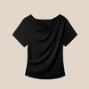 Diseño de Cuello en V Asimétrico, Estilo Único, Camiseta de Manga Corta con Hombro Normal para Mujer, Nuevo Modelo de Verano 2026, Top Plisado Adelgazante con un Toque de Lujo