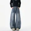 Jeans azules medios de dobladillo curvo para hombre, pantalones rectos anchos de verano finos y holgados, pantalones juveniles de estilo American High Street