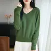 Suéter de Punto de Algodón Puro con Cuello en V de Manga Larga para Mujer, Color Sólido, Holgado, Jersey Base