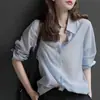 Camisa Azul Exquisita com Gola em Estoque, Novo Estilo Primavera 2026, Manga Longa, Alta Qualidade, Luxo Leve, Rejuvenescedor, Camisa Feminina Estilosa