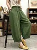 Calça pantalona de algodão e linho retrô da moda, calça casual de verão que afina o corpo com bordas franzidas, calça cropped feminina versátil com acabamento floral
