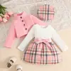Conjunto de Vestido Outono/Inverno Amazon para 0-3 Anos: Conjunto de Três Peças: Casaco de Manga Longa com Forro de Lã + Vestido Xadrez com Cinto + Boina