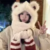 Conjunto de Chapéu de Urso Colorido com Cachecol Integrado para Meninas Outono e Inverno Fofo Quente Pelúcia Capuz com Cachecol para Pescoço e Luvas Conjunto de Três Peças