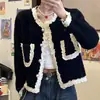 Jaqueta Estilo Tweed Elegante Francês Curta Outono Inverno Novo Cardigan de Tricô Suéter com Renda e Veludo de Mínk para Mulheres