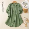 Foto Real de la Nueva Camisa Bordada Retro de Color Puro de Verano 2025 para Mujer, Holgada, de Longitud Media, Exterior, Manga Corta, Protector Solar, Delgado