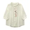 3670 Elegante y Juvenil Camisa de Gasa de Algodón con Bordado de Conejo y Botones de Colores, Manga Media, Nuevo Top Casual de Verano para Mujer