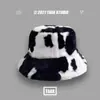 Chapéu de Pescador Estampado de Vaca Feminino para Outono e Inverno, Estilo Coreano, Pelúcia Grossa, Chapéu Cloche à Prova de Vento e Quente para Exterior