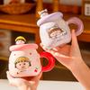 Taza de Cerámica Chibi Maruko-Chan Taza de Paja de Dibujos Animados con Tapa Regalo de Cumpleaños para Niña Vaso de Agua para Oficina de Aspecto Elegante