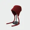 Gorro de Punto con Borde Enrollado de Moda Estilo Japonés para Mujer, Gorro de Punto Cálido para Otoño e Invierno que Protege las Orejas con Cordón