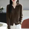 Suéter de Tricô com Gola de Lã Lisa para Mulheres, Pulôver Versátil para Primavera e Outono, Suéter de Lã com Tricô em Ponto Trançado, Blusa com Gola Polo