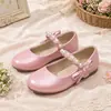 Zapatos Brillantes de Cuero Blanco Crudo/Rosa para Niña con Correa de Perlas y Moño, Zapatos de Princesa de Suela Suave