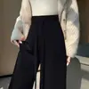 Calça de malha grossa com forro de fleece, perna larga, para mulheres, novo modelo de inverno 2026, calça casual reta, macia e com bom caimento, comprimento até o chão